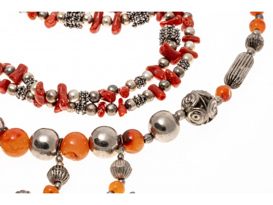 Carnelian And Coral Strung Beaded Necklaces