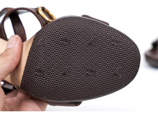 Gucci Striking Brown Bamboo Horsebit Sandals, Size 37