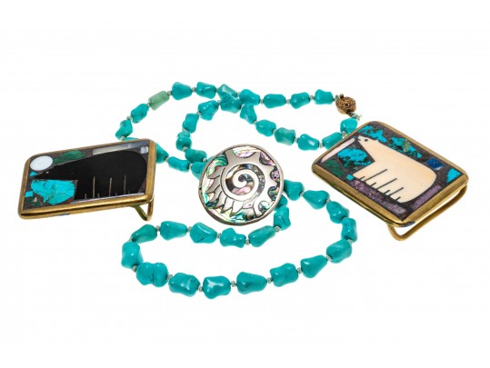 Bear Inlay Belt Buckles, Howlite Necklace And Abalone Brooch/ Pendant