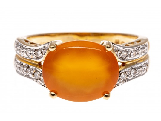 14k Contemporary Oval Cabachon Yellow-Orange Aventurine And Diamond Ring, Size 7