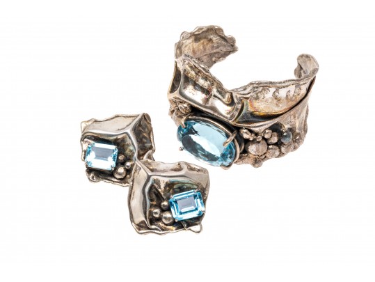 Sterling Cuff Bracelet And Clip Earrings With Abstract Grape Design And Topaz