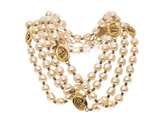 Chanel Faux Pearl And Strung Eternity Necklace With Logo Beads