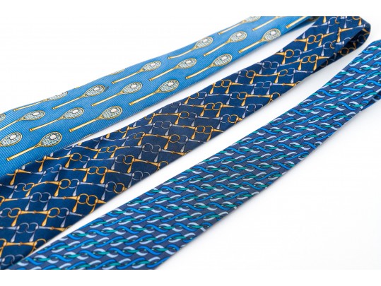Lot Of Three Assorted Silk Neckties, Chanel And Gucci, Blue Tones