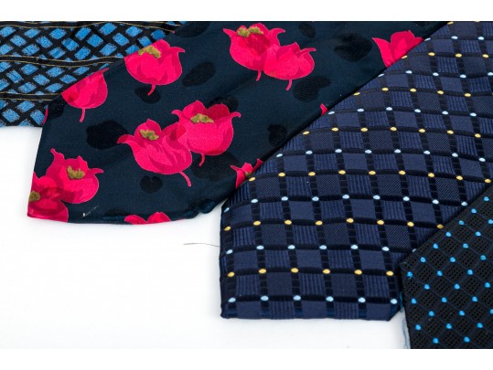 Lot Of Eight Neckties, Assorted Makers, Predominantly Blue Tones