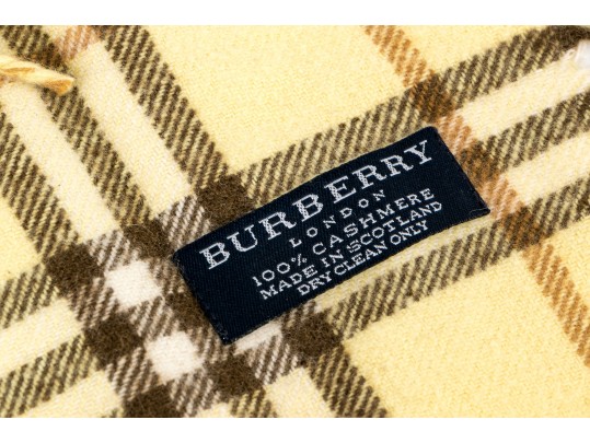 Burberry Cheerful Yellow And Brown Plaid Cashmere Scarf, Fringed Sides
