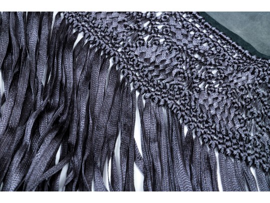 Lovely Grey Suede And Woven Large Triangular Shawl, Fringed, OSFA