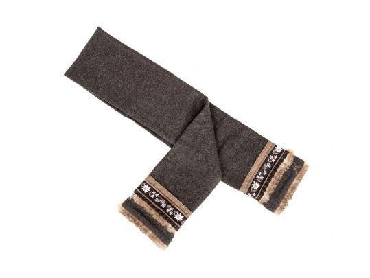 Fabulous Vintage Wool Tweed Scarf With Fur And Suede Trim, Flower Motif Decorations