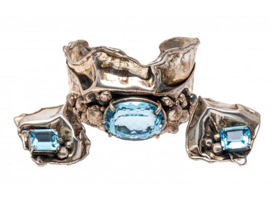 Sterling Cuff Bracelet And Clip Earrings With Abstract Grape Design And Topaz