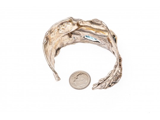 Sterling Cuff Bracelet And Clip Earrings With Abstract Grape Design And Topaz