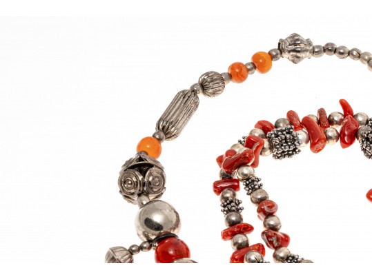 Carnelian And Coral Strung Beaded Necklaces