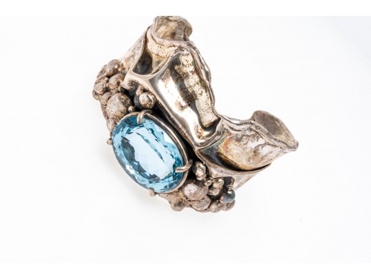 Sterling Cuff Bracelet And Clip Earrings With Abstract Grape Design And Topaz