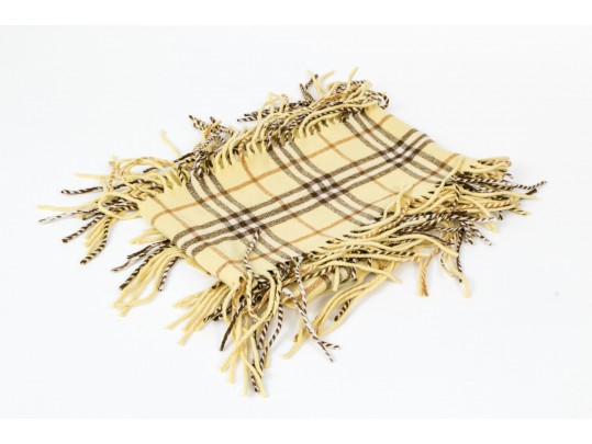 Burberry Cheerful Yellow And Brown Plaid Cashmere Scarf, Fringed Sides