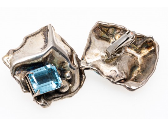 Sterling Cuff Bracelet And Clip Earrings With Abstract Grape Design And Topaz