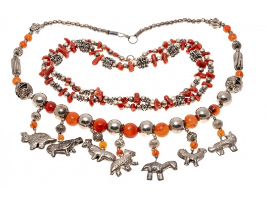Carnelian And Coral Strung Beaded Necklaces
