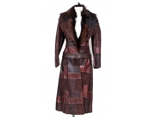 Brown Patcwork Leather Alexander McQueen Coat With Fur Collar