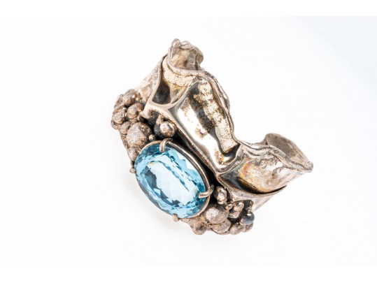 Sterling Cuff Bracelet And Clip Earrings With Abstract Grape Design And Topaz