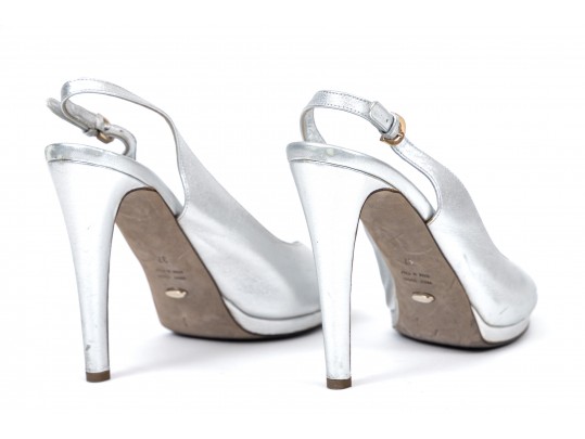 Sergio Rossi Fabulous Silver Metallic Peep Toe Slingbacks, Size 37