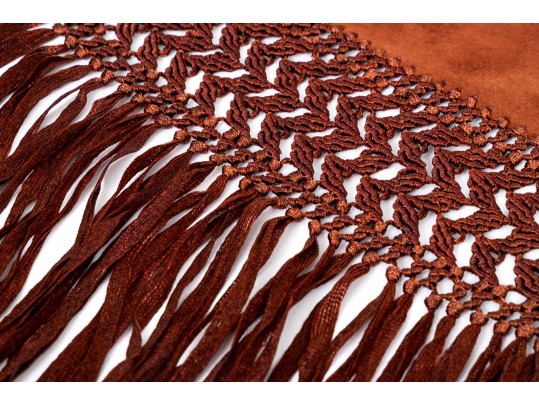 Striking Rust Suede And Woven Short Fringed Shawl, OSFA