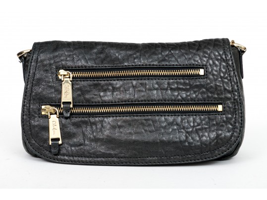 Cole Haan Pebbled Black Leather Flap Bag, Zip Pockets