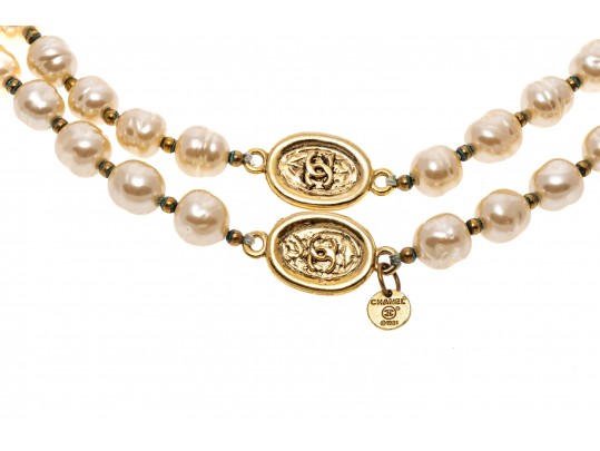 Chanel Faux Pearl And Strung Eternity Necklace With Logo Beads
