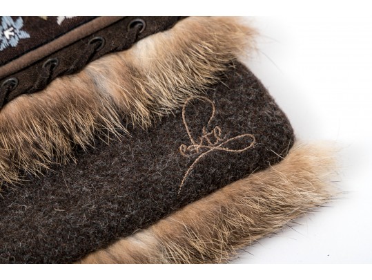 Fabulous Vintage Wool Tweed Scarf With Fur And Suede Trim, Flower Motif Decorations