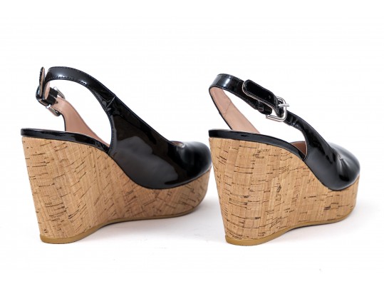 Stuart Weitzman Fun Black Patent Leather Peep Toe Cork Platform Wedges, Size 6 1/2