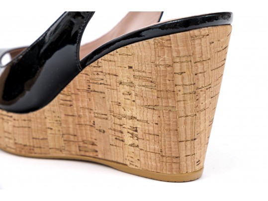 Stuart Weitzman Fun Black Patent Leather Peep Toe Cork Platform Wedges, Size 6 1/2