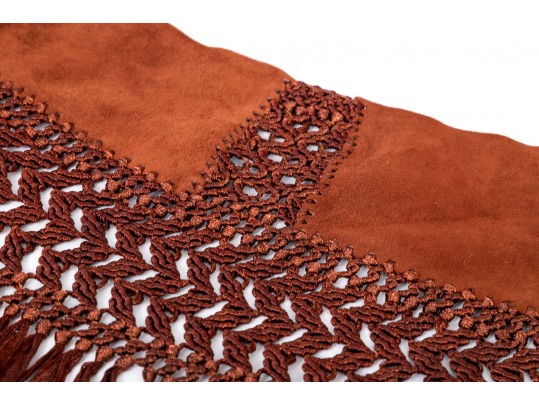Striking Rust Suede And Woven Short Fringed Shawl, OSFA