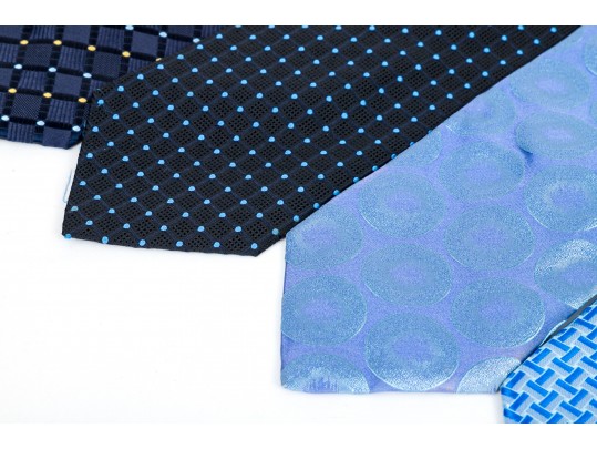 Lot Of Eight Neckties, Assorted Makers, Predominantly Blue Tones