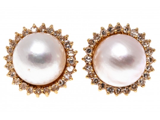 14k Yellow Gold Classic Cultured Mabe Pearl And Diamond Earrings, App. 0.72 TCW