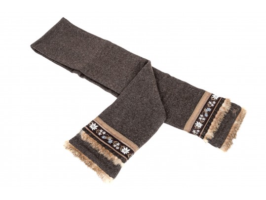 Fabulous Vintage Wool Tweed Scarf With Fur And Suede Trim, Flower Motif Decorations