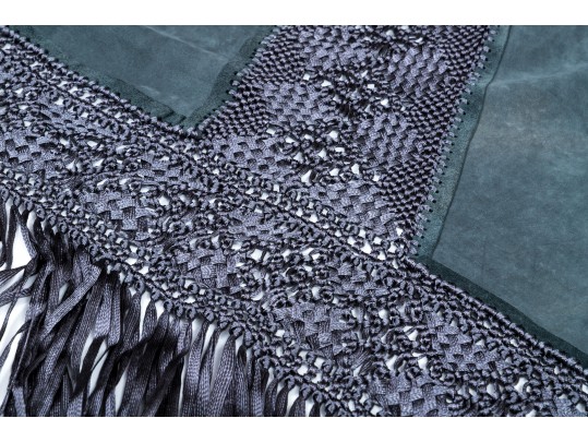 Lovely Grey Suede And Woven Large Triangular Shawl, Fringed, OSFA