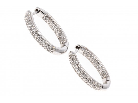14k White Gold Beautiful Contemporary Pave Diamond Hoop Earrings, App. 0.41 TCW