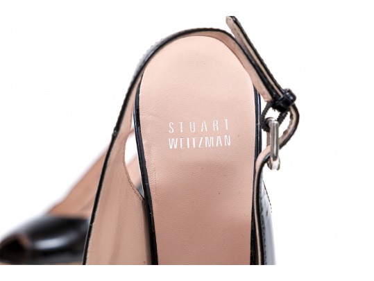 Stuart Weitzman Fun Black Patent Leather Peep Toe Cork Platform Wedges, Size 6 1/2