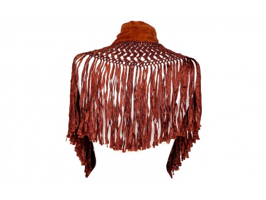Striking Rust Suede And Woven Short Fringed Shawl, OSFA