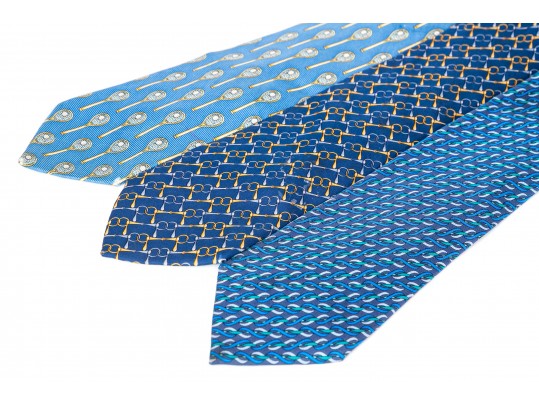 Lot Of Three Assorted Silk Neckties, Chanel And Gucci, Blue Tones