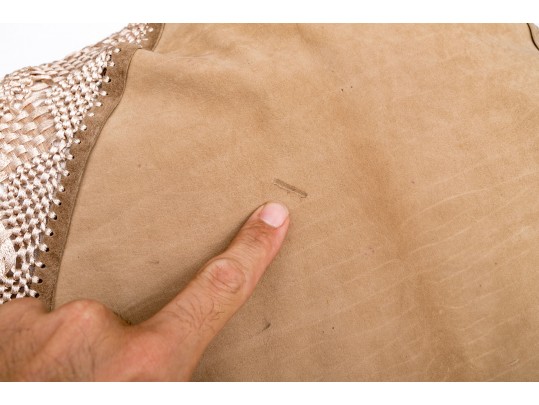 Pretty Beige Suede And Woven Large Triangular Shawl, Fringed, OSFA