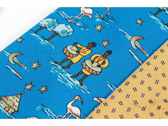 Lot Of Two Assorted Silk Neckties By Hermes, Blue And Yellow Gold Tones