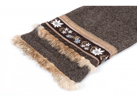 Fabulous Vintage Wool Tweed Scarf With Fur And Suede Trim, Flower Motif Decorations