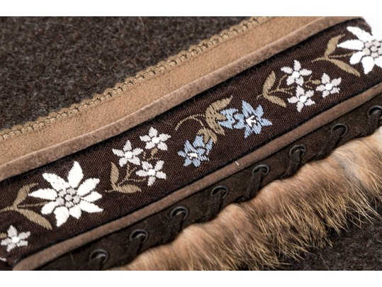 Fabulous Vintage Wool Tweed Scarf With Fur And Suede Trim, Flower Motif Decorations