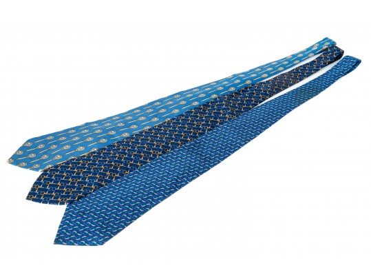 Lot Of Three Assorted Silk Neckties, Chanel And Gucci, Blue Tones