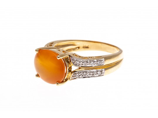 14k Contemporary Oval Cabachon Yellow-Orange Aventurine And Diamond Ring, Size 7