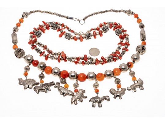 Carnelian And Coral Strung Beaded Necklaces
