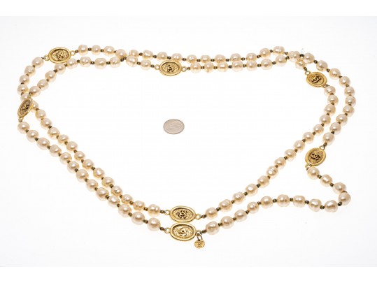 Chanel Faux Pearl And Strung Eternity Necklace With Logo Beads
