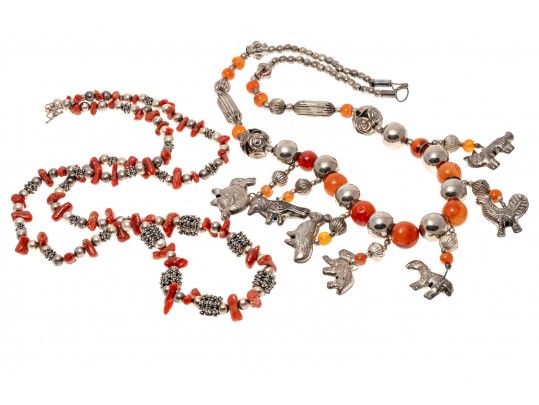 Carnelian And Coral Strung Beaded Necklaces