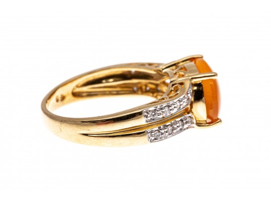 14k Contemporary Oval Cabachon Yellow-Orange Aventurine And Diamond Ring, Size 7