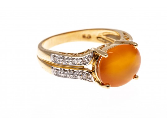 14k Contemporary Oval Cabachon Yellow-Orange Aventurine And Diamond Ring, Size 7