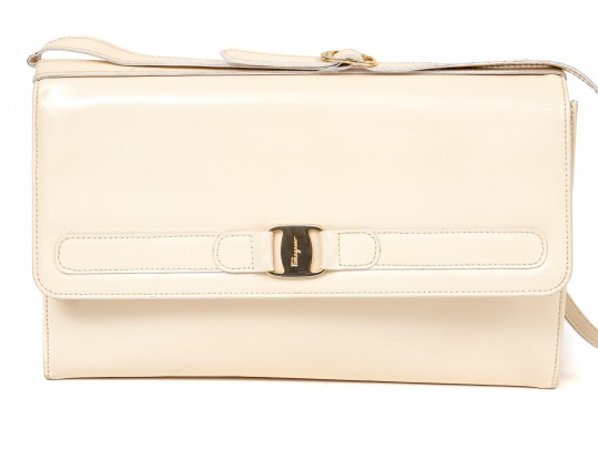 Ferragamo Handsome Ivory Patent Leather Shoulder Bag*