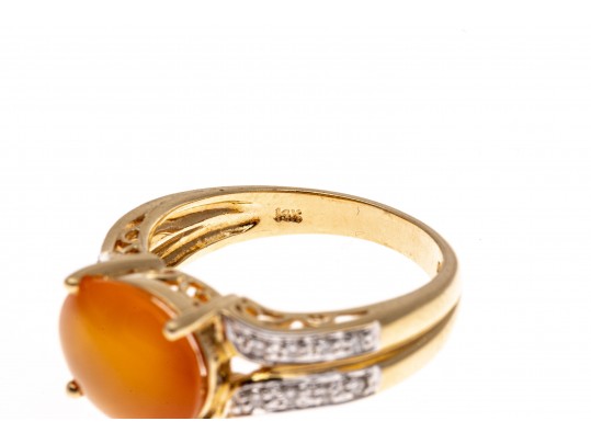 14k Contemporary Oval Cabachon Yellow-Orange Aventurine And Diamond Ring, Size 7