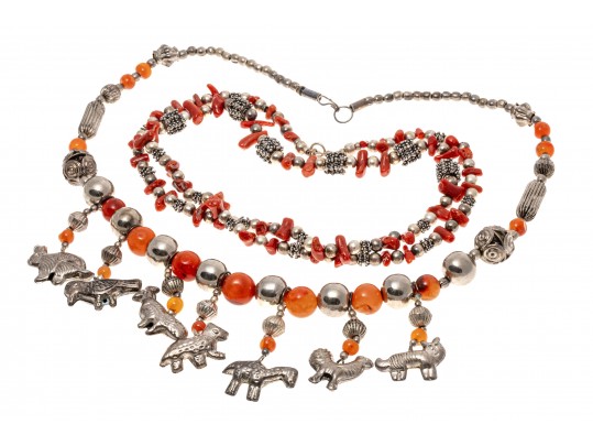 Carnelian And Coral Strung Beaded Necklaces